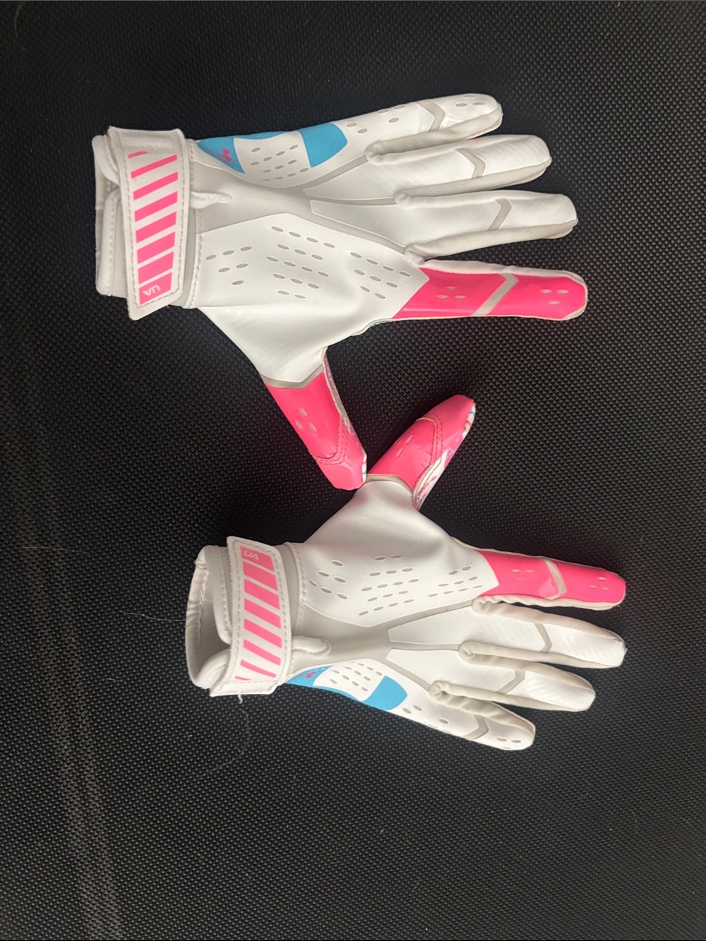 Under Armour White Football Gloves with Pink and Teal Tropical Print